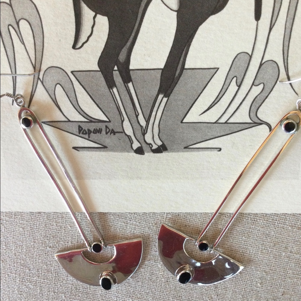 Vintage Native American - Dangle Black Onyx & 925 Silver Earrings
